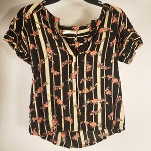 Women. Striped& floral. Black. V-neck. Blouse